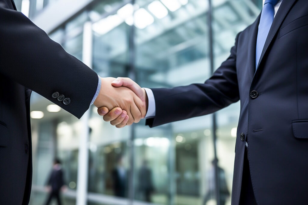 Two businesspeople in dark suits shake hands in front of a glass office building, symbolizing a business agreement.