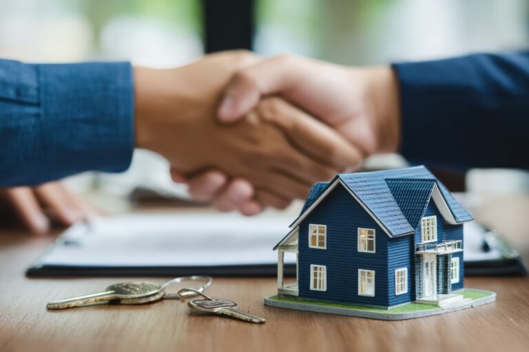 Business Handshake Outside House Real Estate Negotiation Property Purchase Agreement.