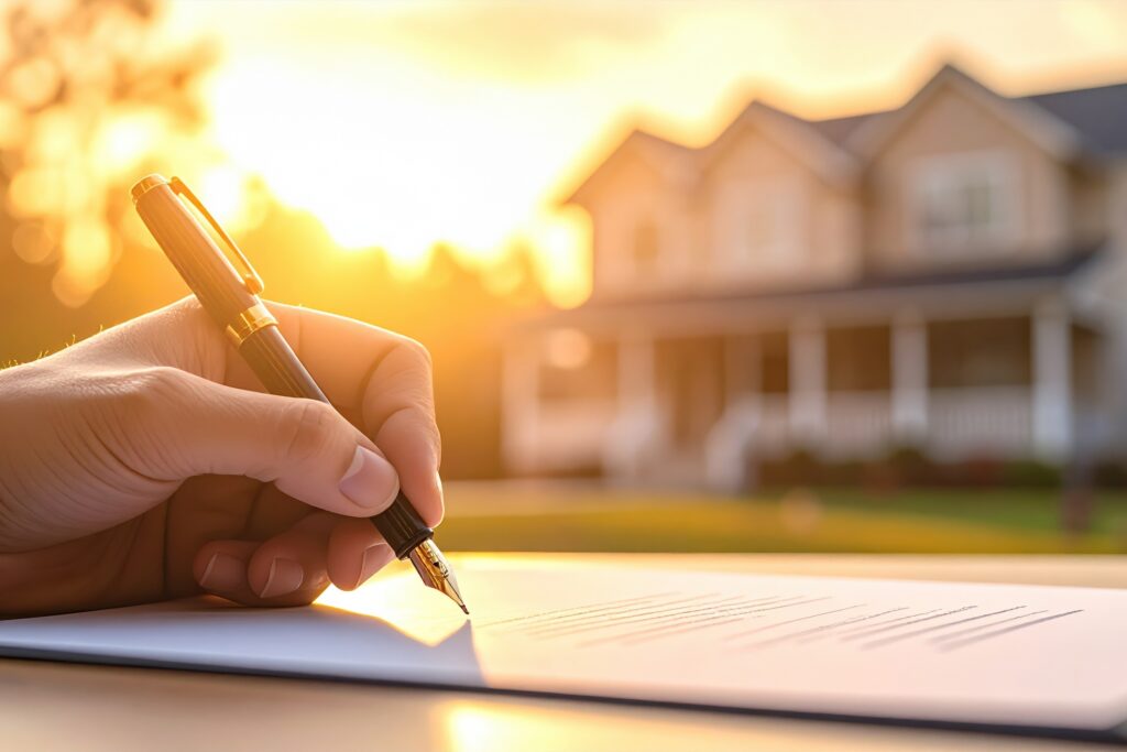Signing a real estate agreement at sunset symbolizes new beginnings, homeownership dreams, and life-changing decisions made with hope and confidence in the golden light.