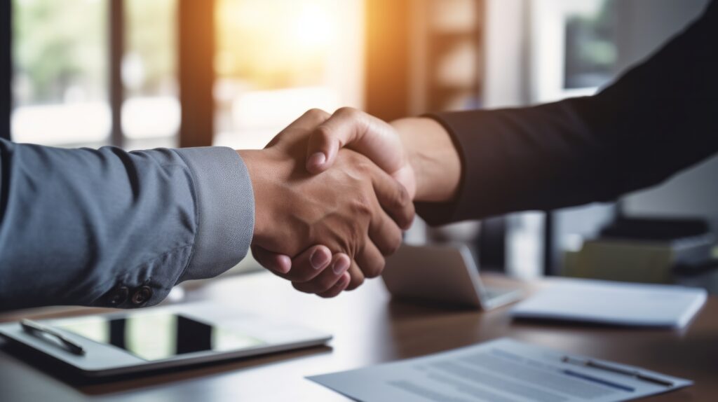 Two professionals shake hands across a desk in a bright office, with a tablet and papers nearby.