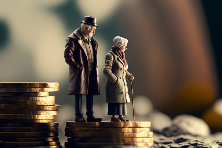 Two elderly figurines standing on stacked coins, one with a cane, in a shallowly blurred background.