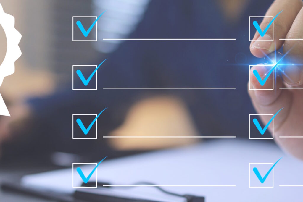 Abstract illustration of a digital checklist with blue checkmarks inside white boxes along lines, on a blurred background.