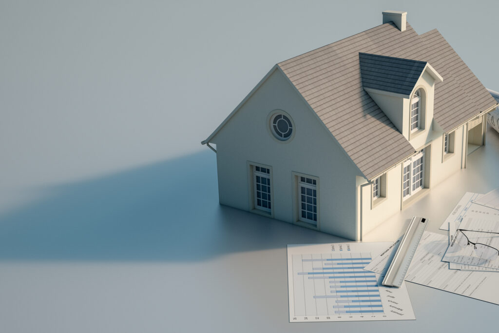 3D rendering of a house with blueprints, charts, mortgage application form, budget and calculator