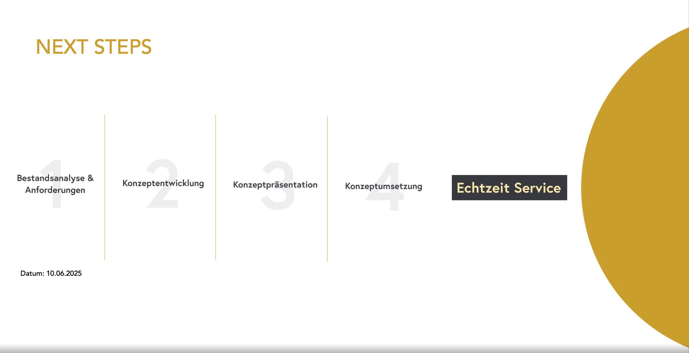 Next Steps: four-step German process (Bestandsanalyse & Anforderungen; Konzeptentwicklung; Konzeptpräsentation; Konzeptumsetzung) with Echtzeit Service and date 10.06.2025, on white background with a gold arc on the right.
